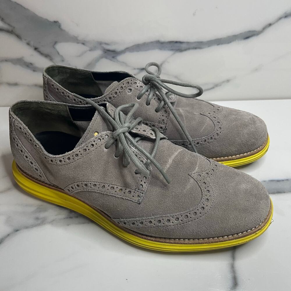 Cole Haan Men's Gray Suede Yellow Sole Wingtip Comfort Lunargrand Oxfords Sz 8